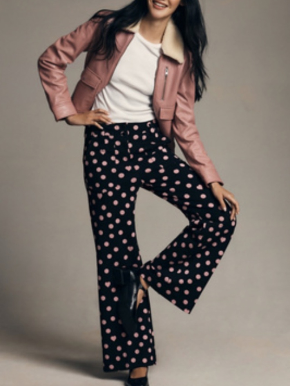 NWT Anthropologie Maeve Naomi Ponte Wide Leg pants 6 tall Black Pink Polka Dot